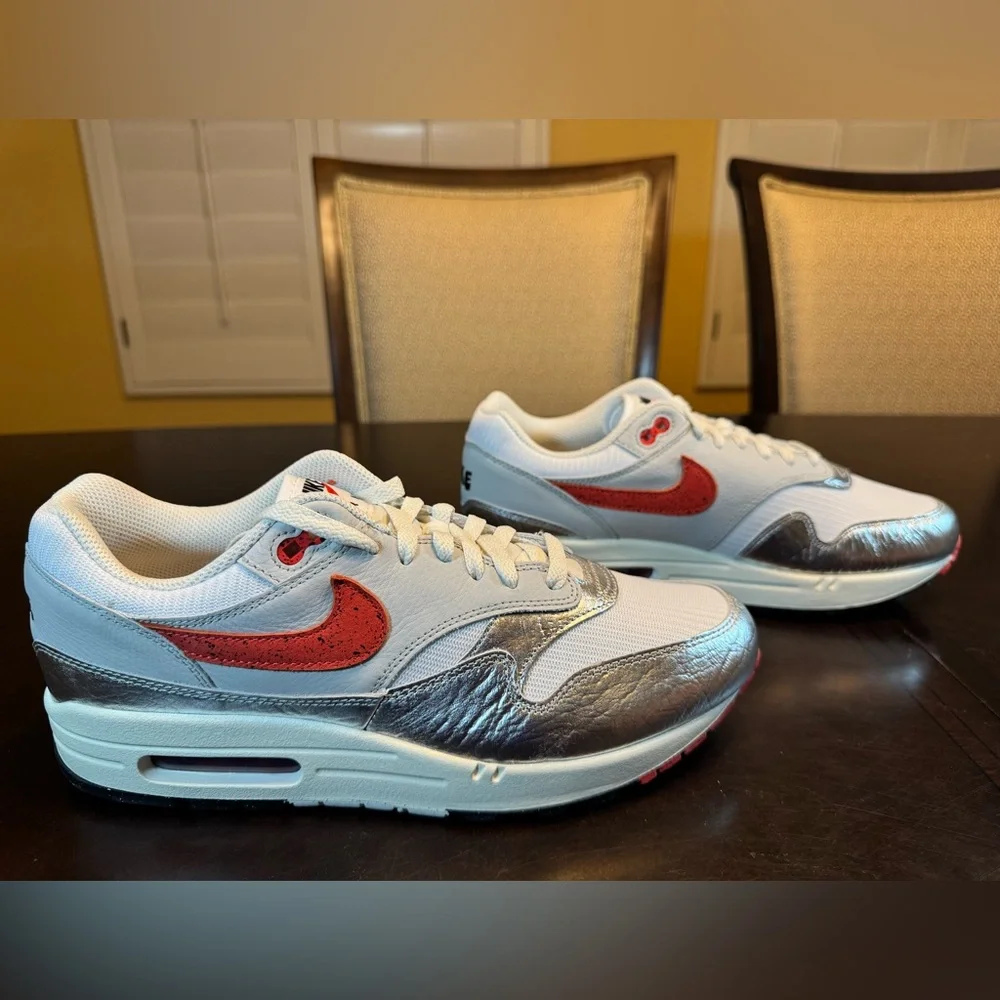 New Nike Air Max 1 Premium White Silver Sneaker Shoes Size US 10 - Picture 2 of 14